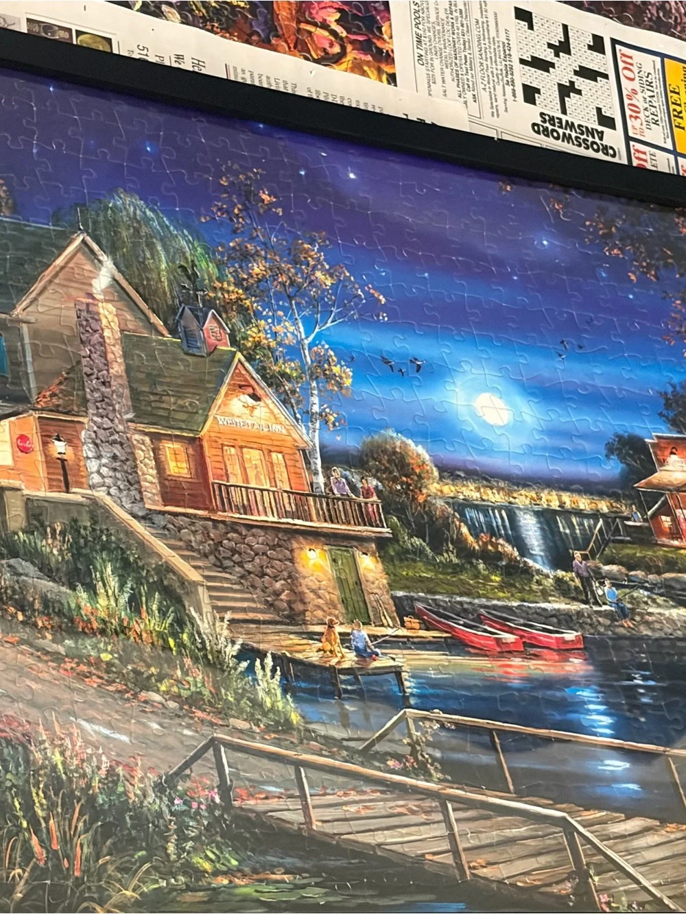 Framed Lakeside Cottage Wall Art - Night Scene
